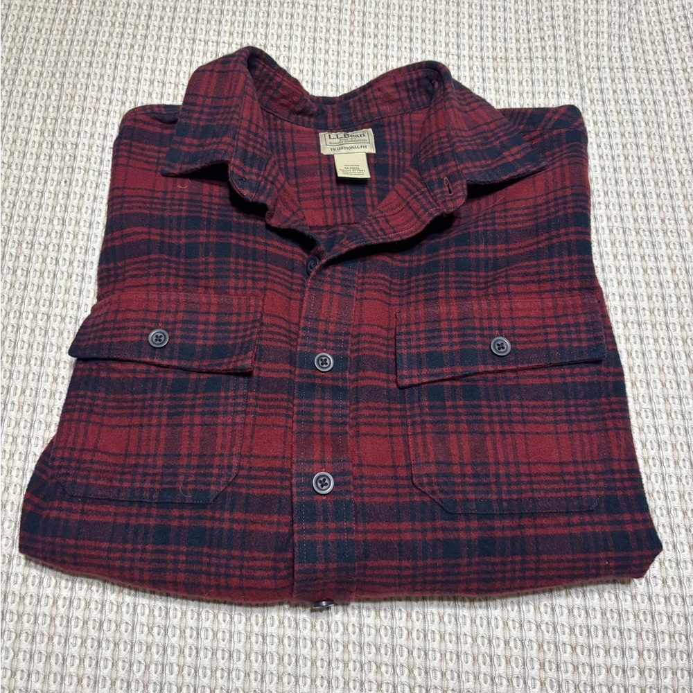 L.L. Bean Men's Red and Black Plaid Shirt Jacket